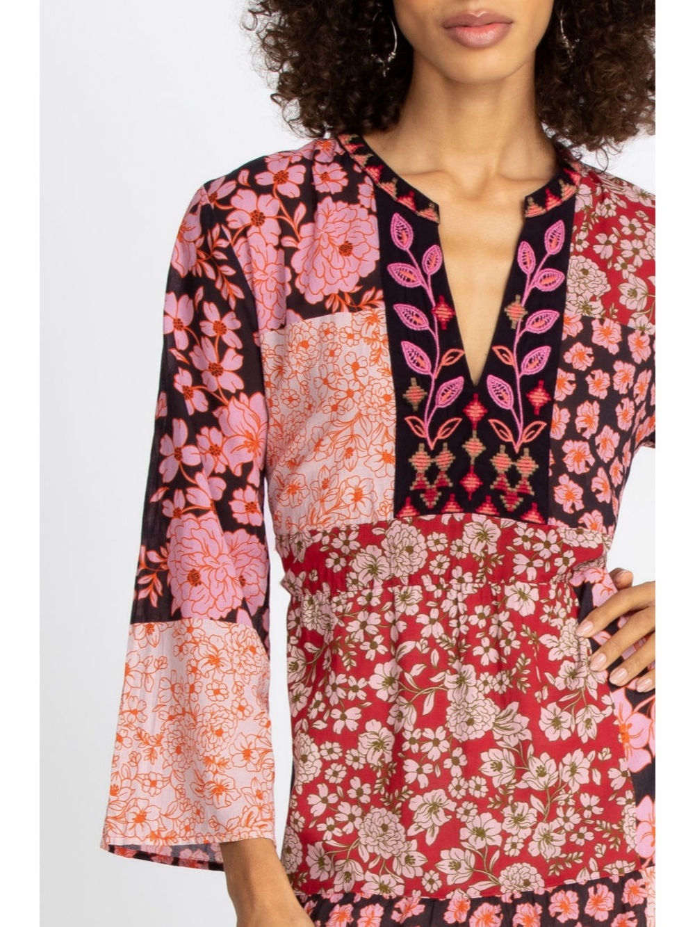 Johnny Was Flora Tie Back Patchwork Cotton Midi Dress Small - Picture 2 of 11